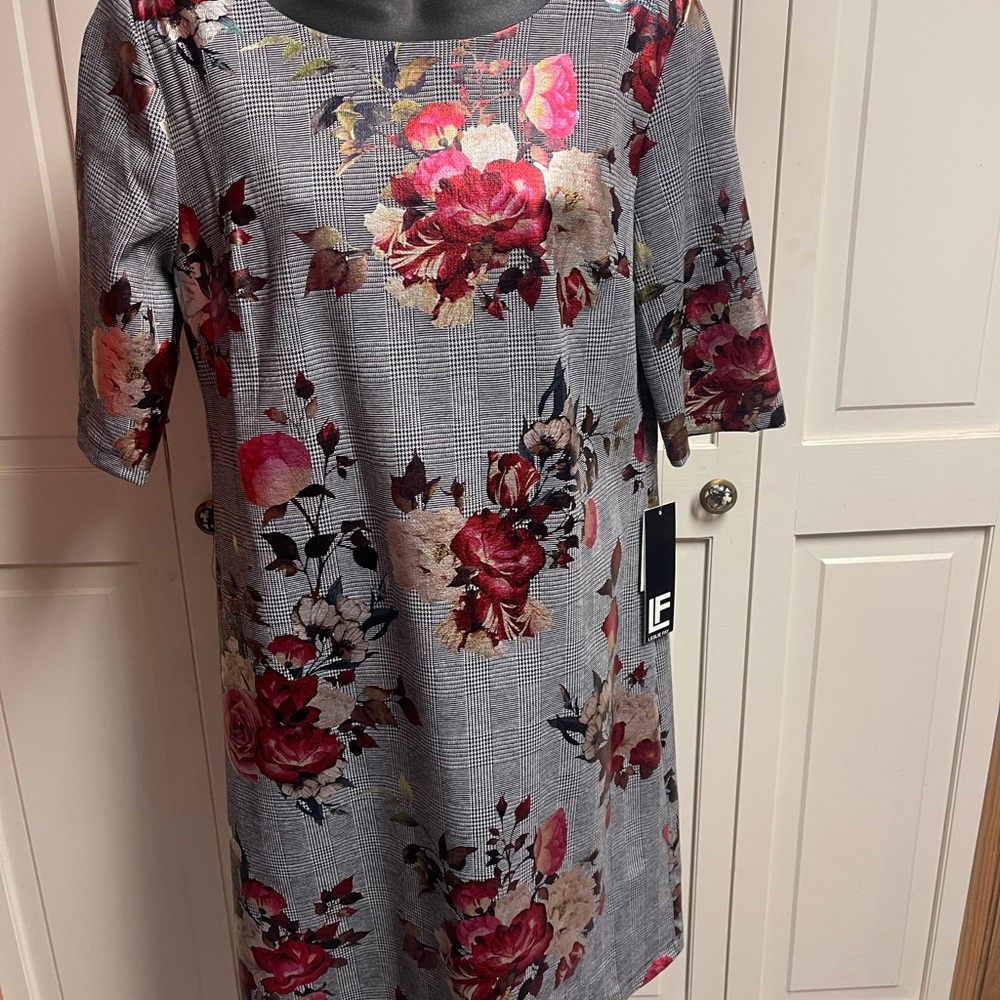 Leslie Fay Gray Pink Sheath Dress 3/4 Sleeve Crew Neck Midi